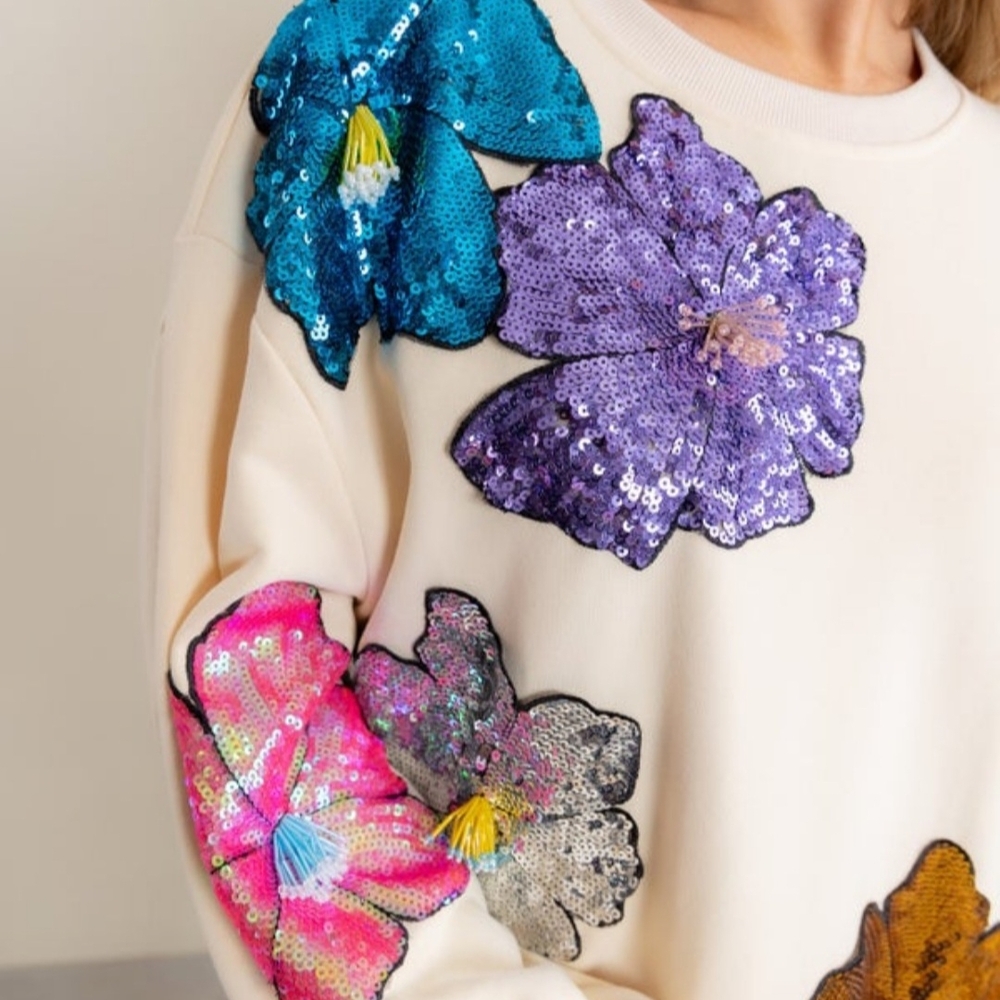 Queen Of Sparkles Beige Sequin Floral Sweatshirt